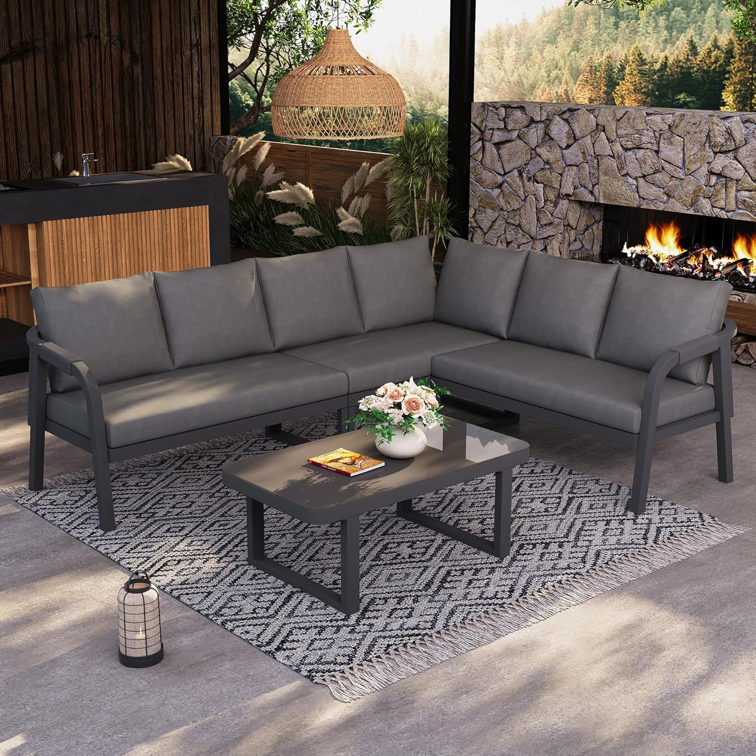 Merax Gartenmöbel Set Lounge Ecke 6 Personen, Polyrattan Gartenlounge Ecksofa mit Tisch, Outdoor Sitzgruppe Balkon Terrasse Garten, Seilgeflecht Armlehnen, Stahlgestell, Grau — Ansicht 2