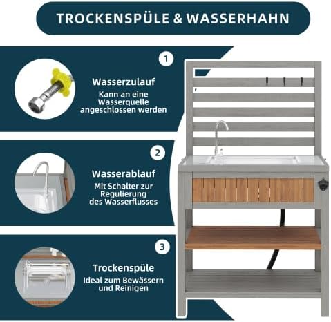 Merax Gartenschrank mit Wasserbecken & Wasserhahn – Wetterfester Geräteschrank mit großer Edelstahl-Arbeitsfläche, Schublade & integriertem Flaschenöffner, Outdoor-Küchenschrank — Ansicht 4