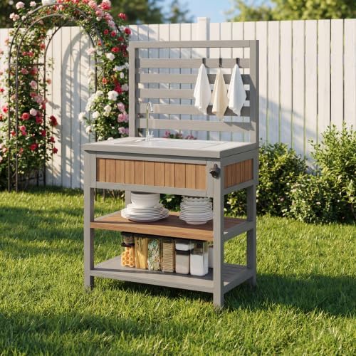 Merax Gartenschrank mit Wasserbecken & Wasserhahn – Wetterfester Geräteschrank mit großer Edelstahl-Arbeitsfläche, Schublade & integriertem Flaschenöffner, Outdoor-Küchenschrank — Ansicht 6