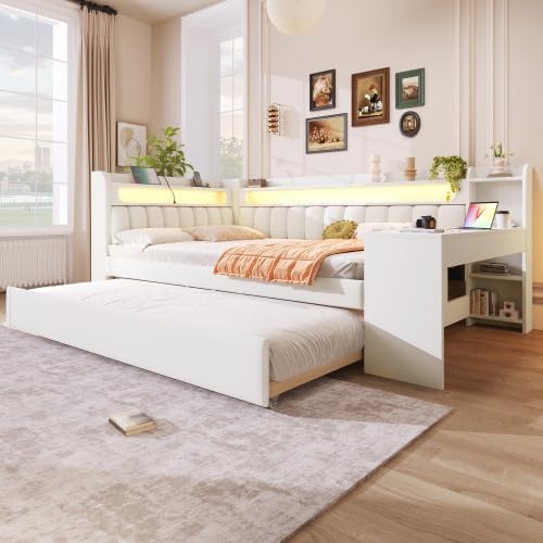 Merax Gepolstertes 140x200 Tagesbett mit USB-Anschlüssen, LED-Gürtel, Ausziehbett und Schreibtisch – Sofabett, Tagesbett für Gästezimmer, Weiß — Ansicht 4