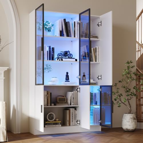 Merax Glasvitrine mit LED 120 x 35 x 200 cm, Vitrinenschrank mit 3 Glastüren aus Aluminiumrahmen, Standvitrine mit 10 Ablagebereichen, Wohnzimmerschrank, Multifunktionsschrank — Ansicht 5
