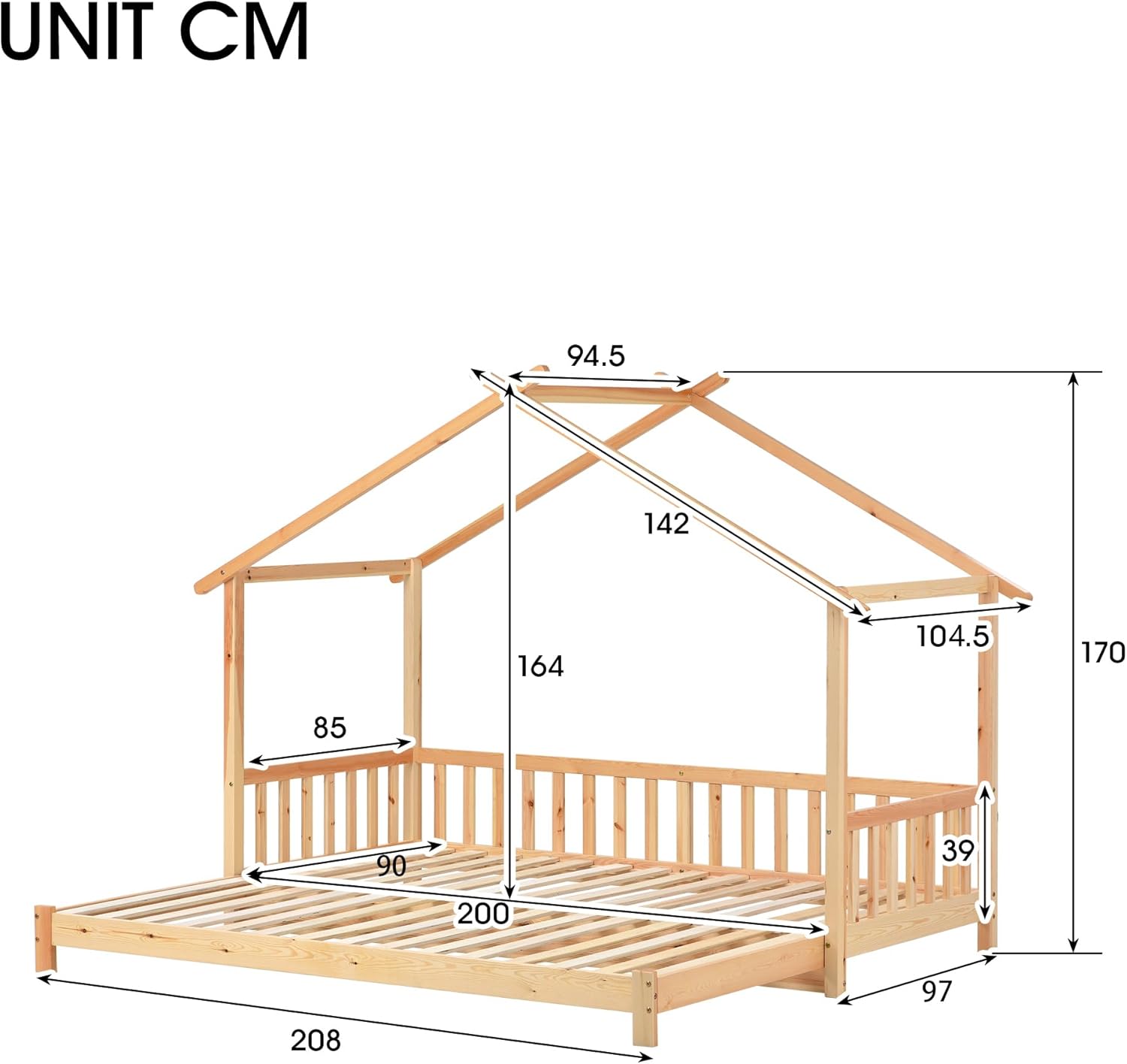 Merax Hausbett 200x180cm, Kinderbett Funktionsbett mit Rausfallschutz und Lattenrost, Erweiterbares Tagesbett Doppelbett, Holz Baumhausbett für Mädchen & Jungen, Naturfarbener — Ansicht 2
