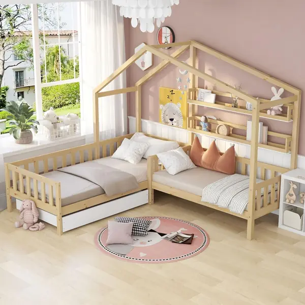 Hausbett mit Schubladen und Regalen