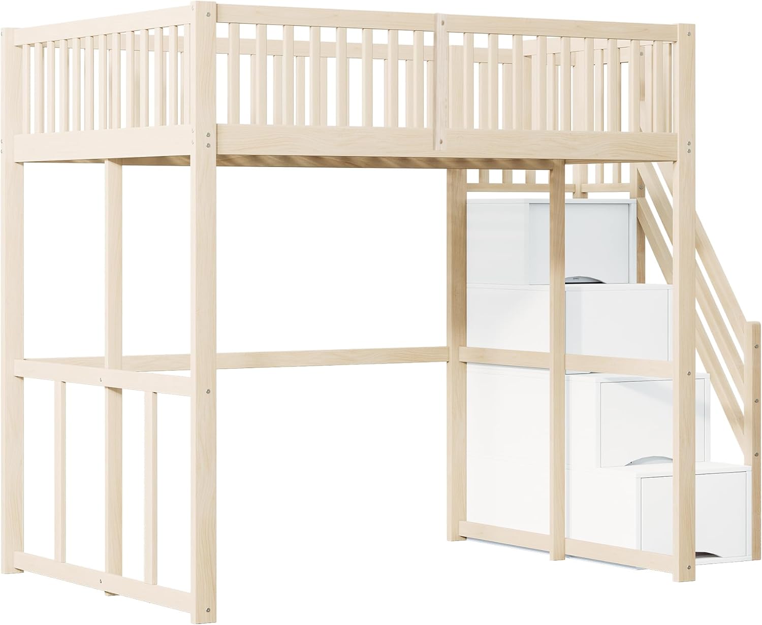 Merax Hochbett 140x200 cm, platzsparendes Kinderbett mit Stauraum, für Kinder, Jugendliche und Erwachsene, Holzfarbe und Weiß (ohne Matratze) — Ansicht 5