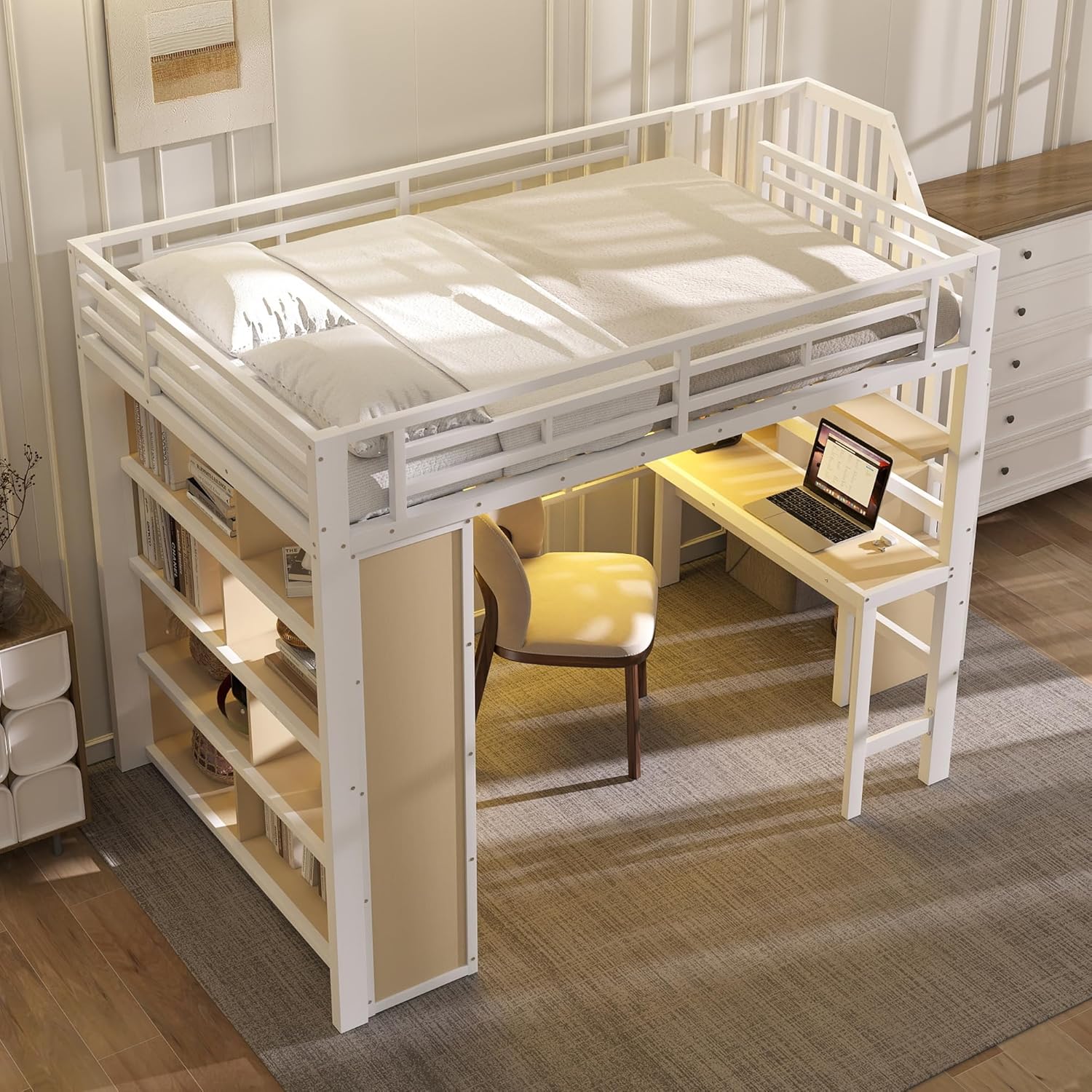 Merax Hochbett 140x200cm, Stabile Metallbett mit Treppe & Rausfallschutz, Multifunktionales Kinderhochbett mit Schreibtisch, LED, Ablagefach, Treppenkonstruktionen mit Stauraum, ohne Matratze, Weiß — Ansicht 4