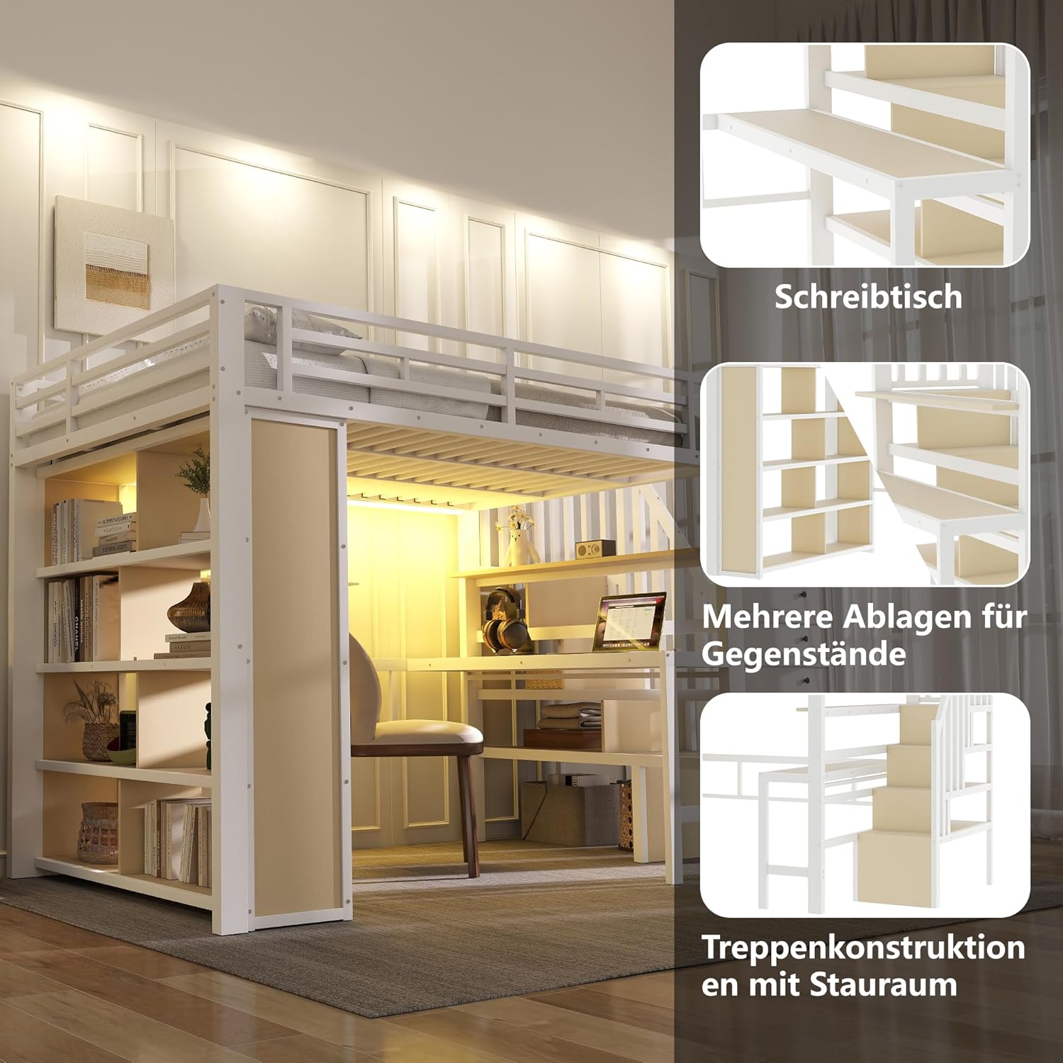 Merax Hochbett 140x200cm, Stabile Metallbett mit Treppe & Rausfallschutz, Multifunktionales Kinderhochbett mit Schreibtisch, LED, Ablagefach, Treppenkonstruktionen mit Stauraum, ohne Matratze, Weiß — Ansicht 6