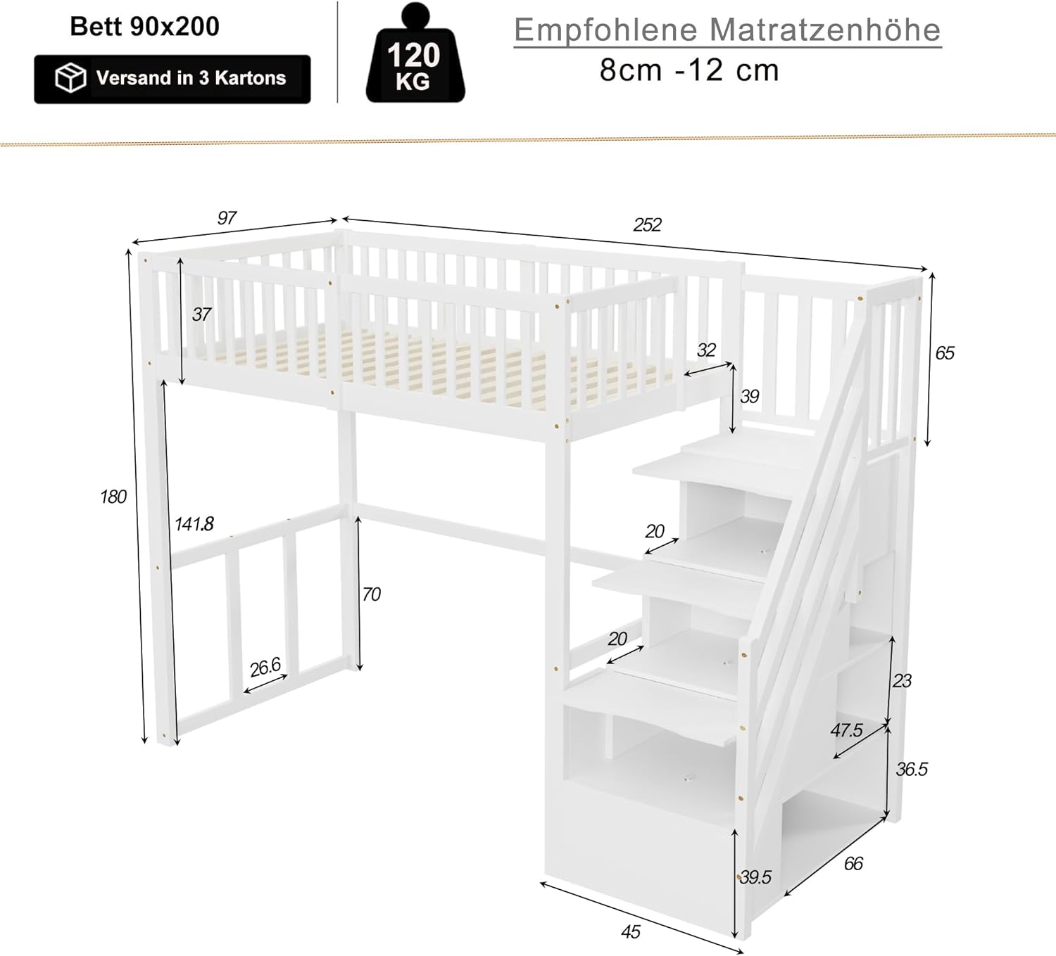 Merax Hochbett 90 x 200 cm, Multifunktionales Kinderbett mit Stauraum Treppe, Weiß (Ohne Matratze) — Ansicht 2