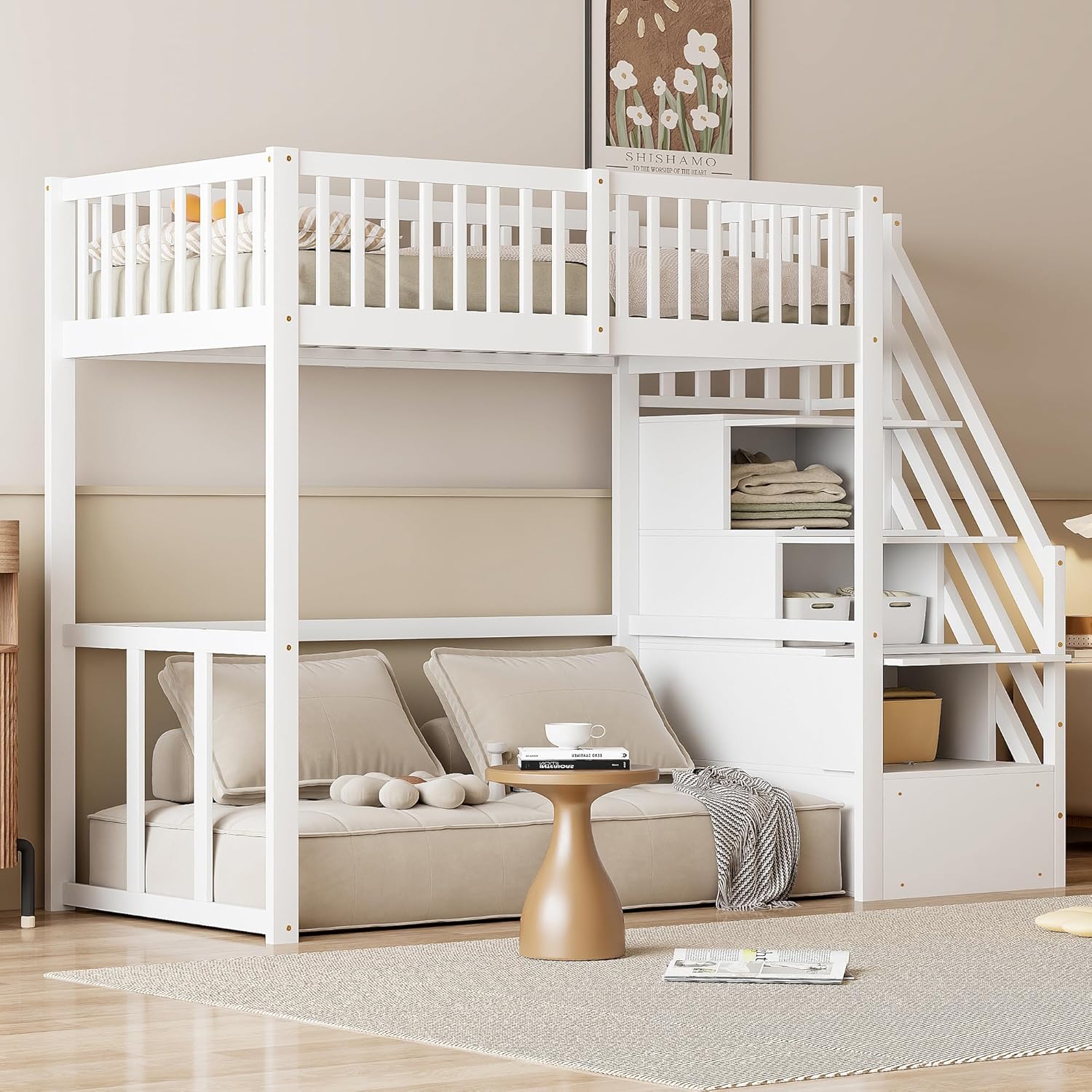 Merax Hochbett 90 x 200 cm, Multifunktionales Kinderbett mit Stauraum Treppe, Weiß (Ohne Matratze) — Ansicht 3