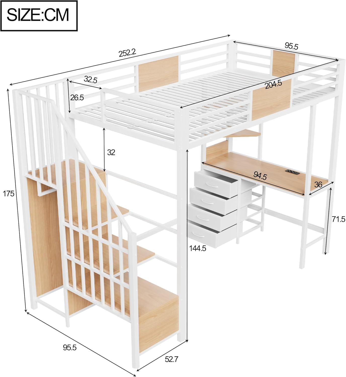 Merax Hochbett 90x200 cm aus Metall mit Schreibtisch, Jugendbett mit Ablagefächern, Kleiderstange, LED & Steckdose – für kleine Zimmer (Ohne Matratze) — Ansicht 2