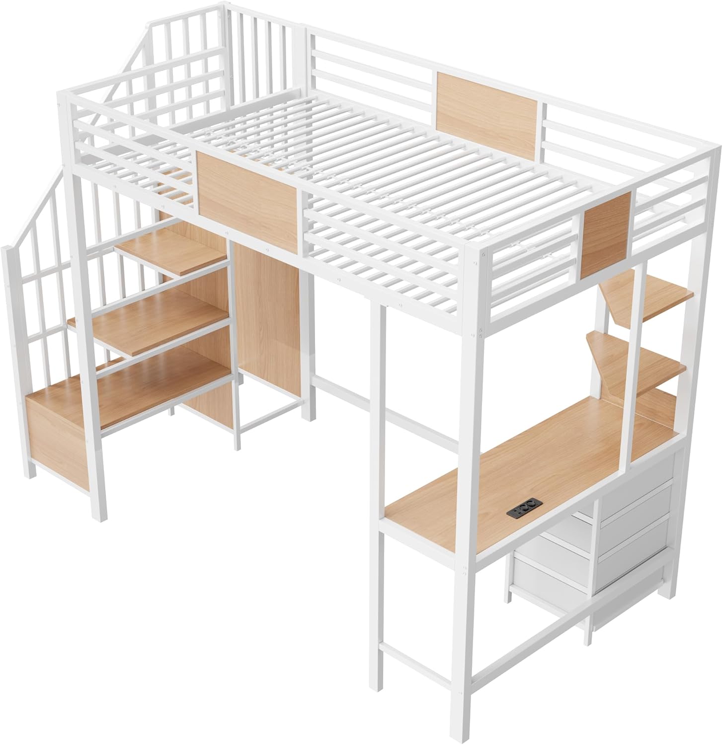 Merax Hochbett 90x200 cm aus Metall mit Schreibtisch, Jugendbett mit Ablagefächern, Kleiderstange, LED & Steckdose – für kleine Zimmer (Ohne Matratze) — Ansicht 5