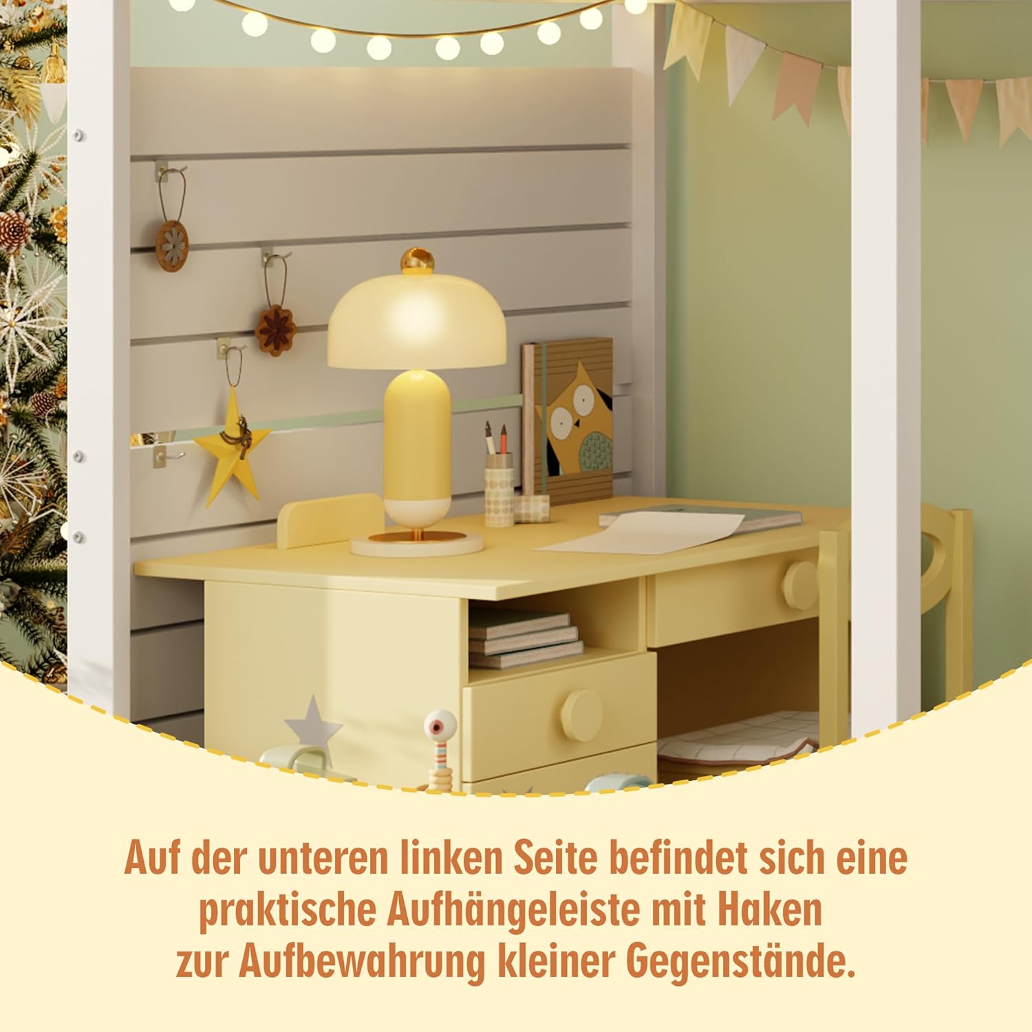 Merax Hochbett 90x200 cm, mit Rausfallschutz und Stauraumtreppe, Jugendbett mit Hausdesign und Fenster, platzsparendes Etagenbett für Kinderzimmer, Weiß (ohne Matratze) — Ansicht 4