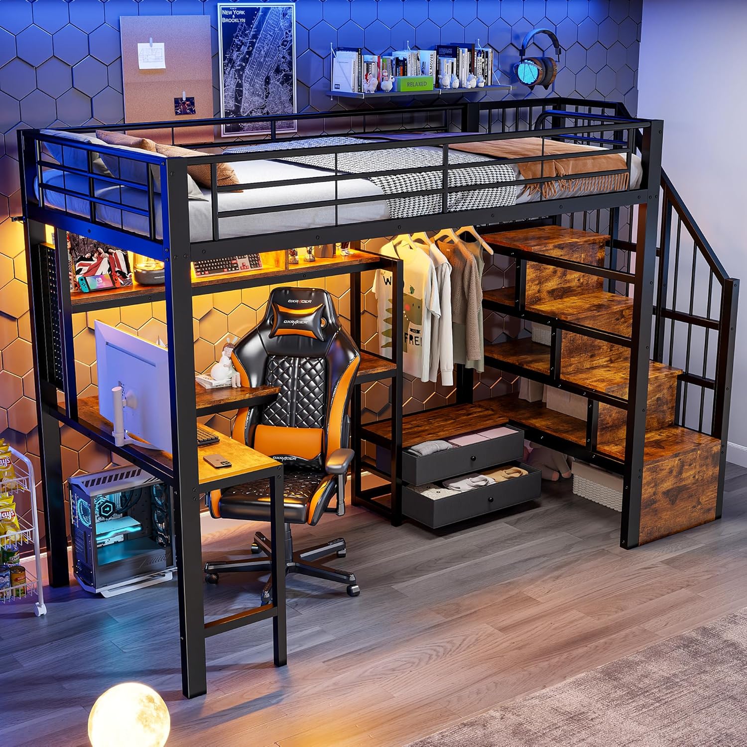 Merax Hochbett 90x200 cm mit Schreibtisch und Treppe, Loft Bett mit Stauraum, 2 Schubladen, LED Beleuchtung, Metallbett mit Kleiderstange und Regal, Jugendbett ohne Matratze, Schwarz — Ansicht 4