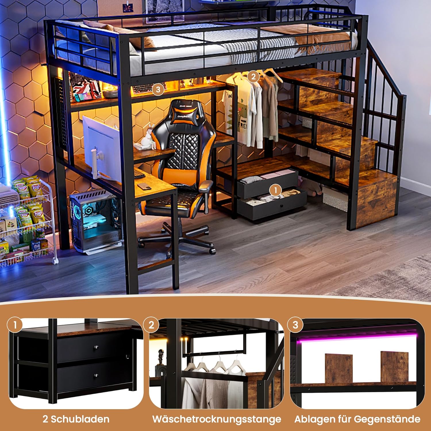 Merax Hochbett 90x200 cm mit Schreibtisch und Treppe, Loft Bett mit Stauraum, 2 Schubladen, LED Beleuchtung, Metallbett mit Kleiderstange und Regal, Jugendbett ohne Matratze, Schwarz — Ansicht 6