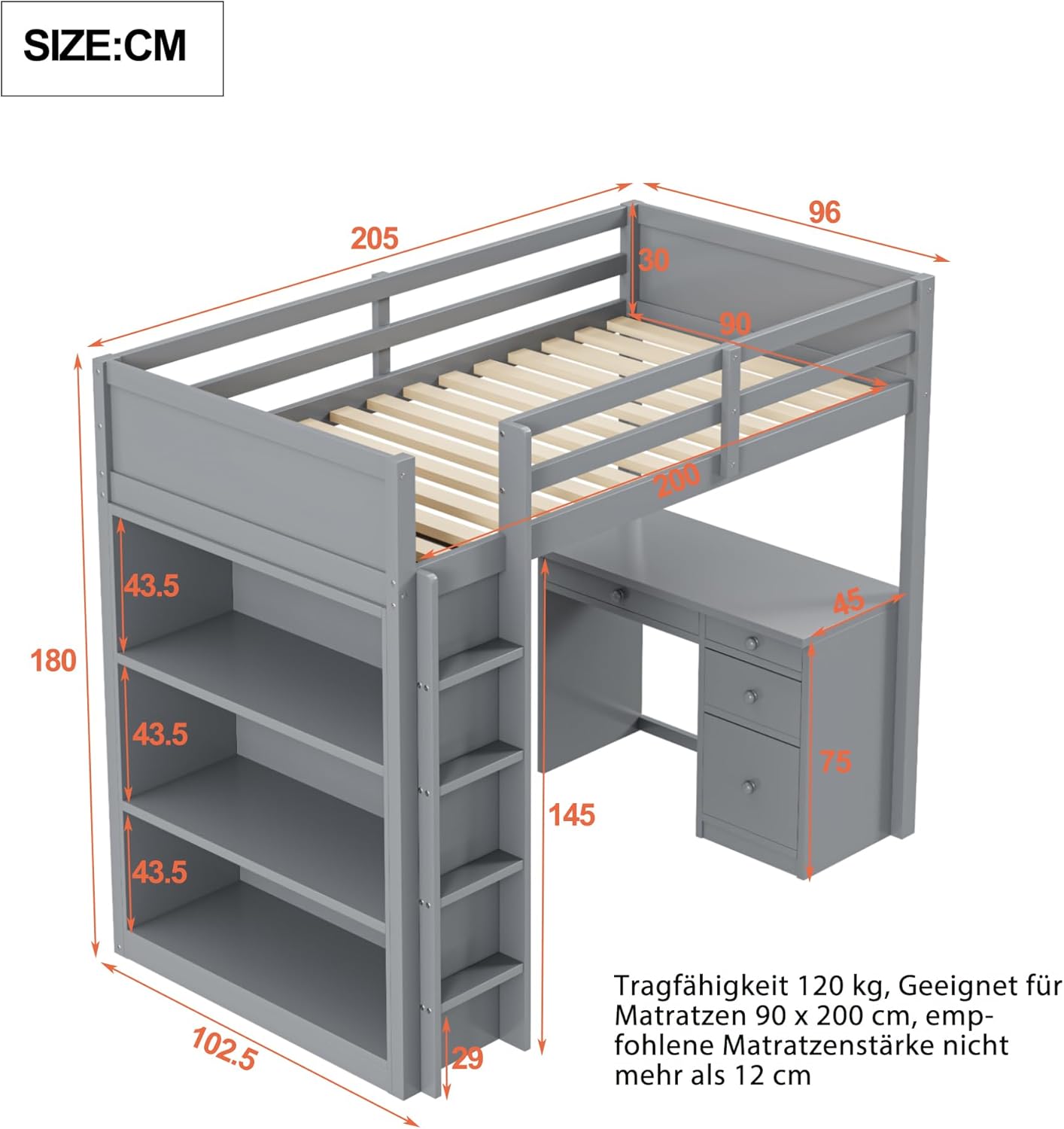 Merax Hochbett 90x200cm, Holz Kinderbett mit Schreibtisch & Schubladen, multifunktionales Etagenbett mit Regal, für Jungen, Mädchen, Grau (Ohne Matratze) — Ansicht 2