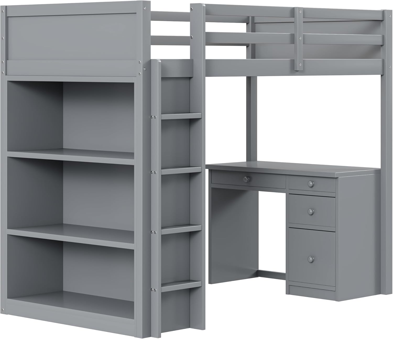 Merax Hochbett 90x200cm, Holz Kinderbett mit Schreibtisch & Schubladen, multifunktionales Etagenbett mit Regal, für Jungen, Mädchen, Grau (Ohne Matratze) — Ansicht 6