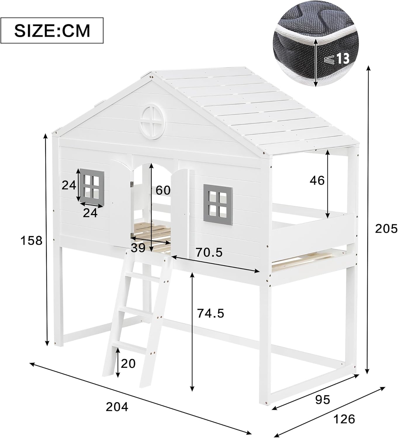 Merax Hochbett 90x200cm, Kinderbett Etagenbett mit Sicherheitsleiter, Rausfallschutz & Lattenrost, Hausbett mit Dach & Fenster, Platzsparendes Stockbett Jugendhochbett, Unterhaltungsbereich, Weiß — Ansicht 2