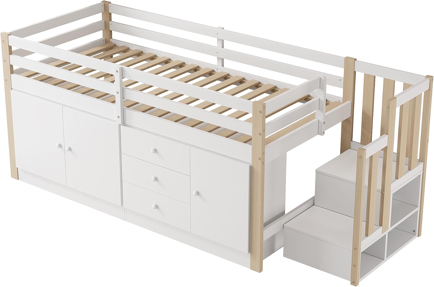Merax Hochbett 90x200cm, Kinderbett mit Schrank und Treppe, Etagenbett mit Großer Stauraum, für Jungen, Mädchen, Weiß und Holzfarbe (Ohne Matratze) — Ansicht 5