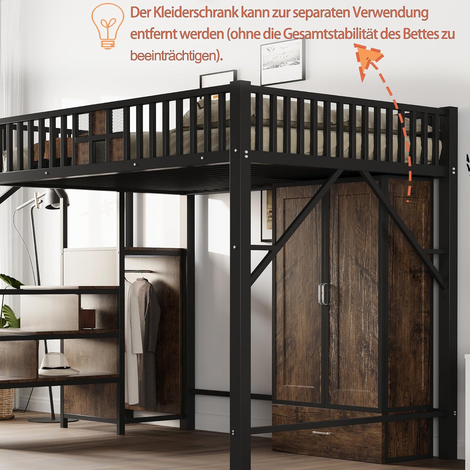 Merax Hochbett aus Metall, 140 x 200 cm, mit Drahtgitter, integriertem Schrank, Schubladen und Aufbewahrungsleiter, platzsparendes Kinderbett, modern und robust, schwarz (ohne Matratze) — Ansicht 4