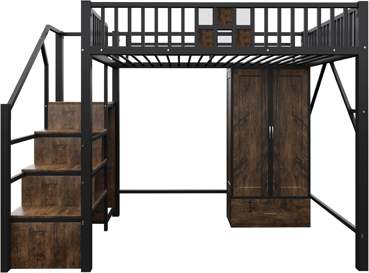 Merax Hochbett aus Metall, 140 x 200 cm, mit Drahtgitter, integriertem Schrank, Schubladen und Aufbewahrungsleiter, platzsparendes Kinderbett, modern und robust, schwarz (ohne Matratze) — Ansicht 5
