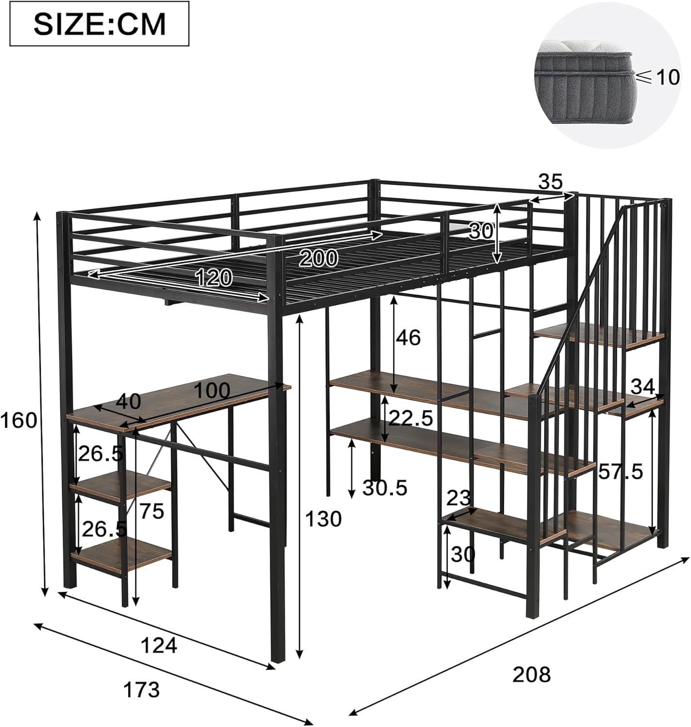 Merax Hochbett Metallbett 120x200cm, Platzsparend Etagenbett mit Schreibtisch und Offenes Regal, Stockbett mit offenem Kleiderschrank, Rausfallschutz, Sichere Treppe, Funktionsbett Jugendbett, Schwarz — Ansicht 2