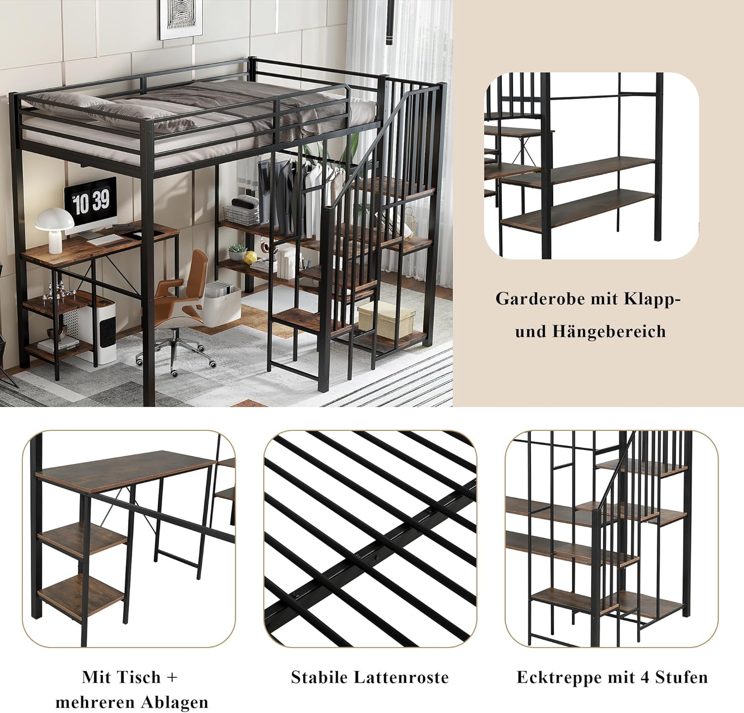Merax Hochbett Metallbett 120x200cm, Platzsparend Etagenbett mit Schreibtisch und Offenes Regal, Stockbett mit offenem Kleiderschrank, Rausfallschutz, Sichere Treppe, Funktionsbett Jugendbett, Schwarz — Ansicht 5