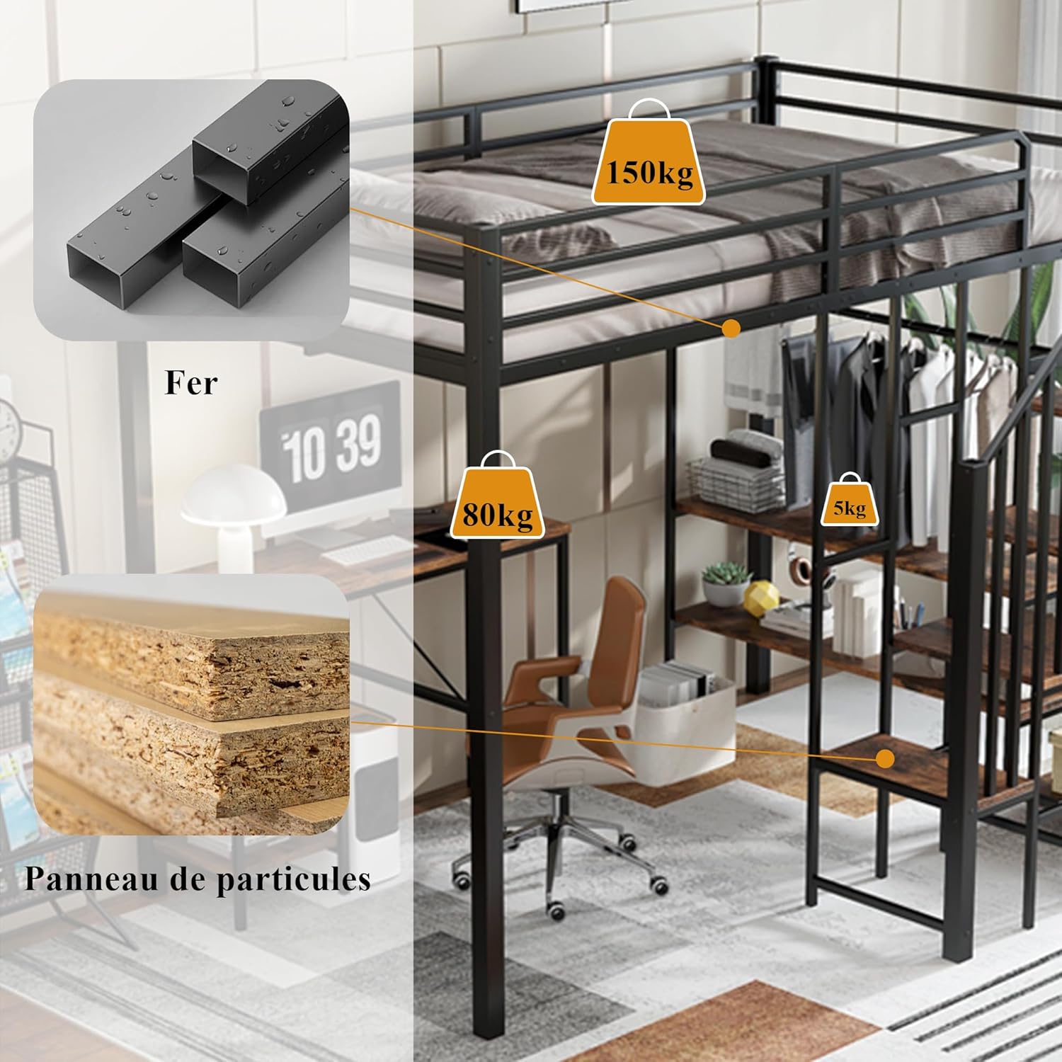 Merax Hochbett Metallbett 120x200cm, Platzsparend Etagenbett mit Schreibtisch und Offenes Regal, Stockbett mit offenem Kleiderschrank, Rausfallschutz, Sichere Treppe, Funktionsbett Jugendbett, Schwarz — Ansicht 6