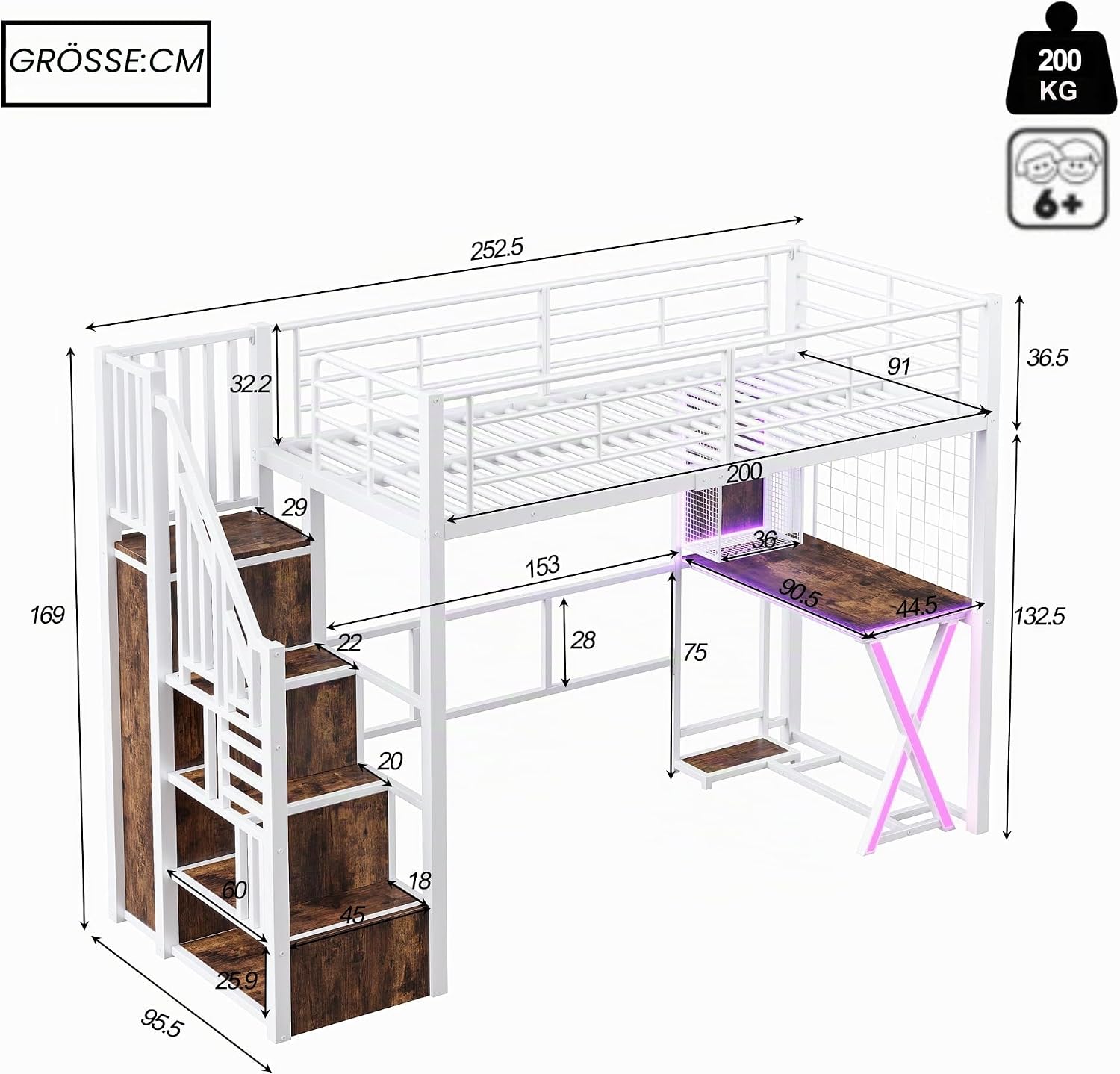 Merax Hochbett mit Schreibtisch 90x200 cm, Jugendbett Loftbett mit LED-Beleuchtung und Stauraum Metallbettgestell mit Lattenrost(ohne Matratze) für Kinder/Erwachsene (Weiß) — Ansicht 2