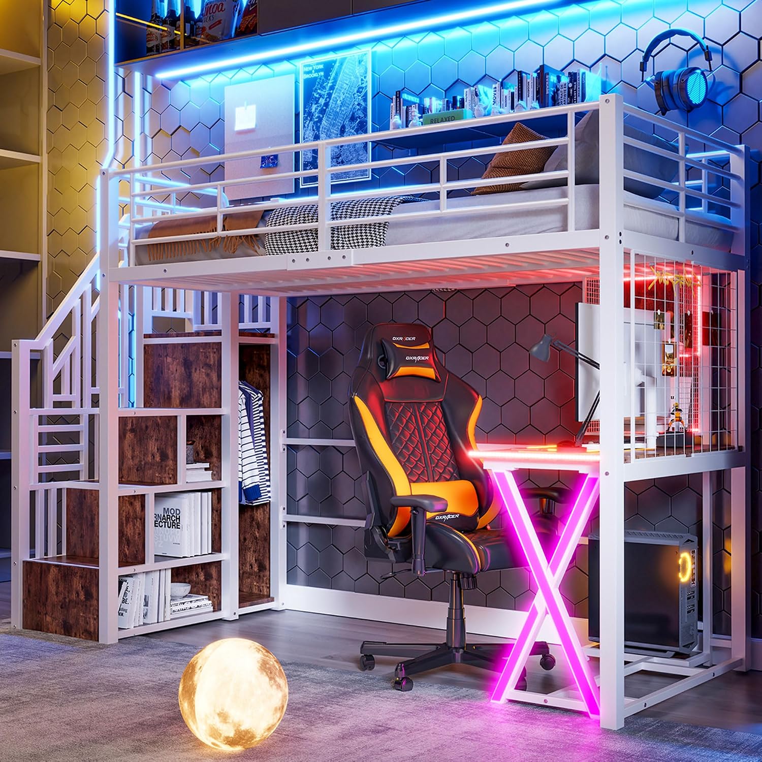 Merax Hochbett mit Schreibtisch 90x200 cm, Jugendbett Loftbett mit LED-Beleuchtung und Stauraum Metallbettgestell mit Lattenrost(ohne Matratze) für Kinder/Erwachsene (Weiß) — Ansicht 3