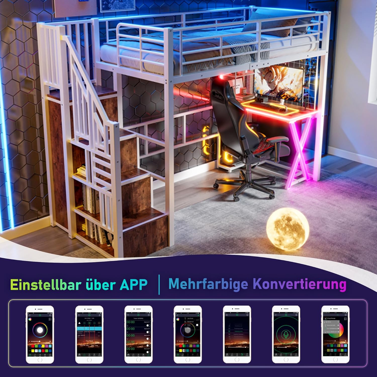Merax Hochbett mit Schreibtisch 90x200 cm, Jugendbett Loftbett mit LED-Beleuchtung und Stauraum Metallbettgestell mit Lattenrost(ohne Matratze) für Kinder/Erwachsene (Weiß) — Ansicht 4