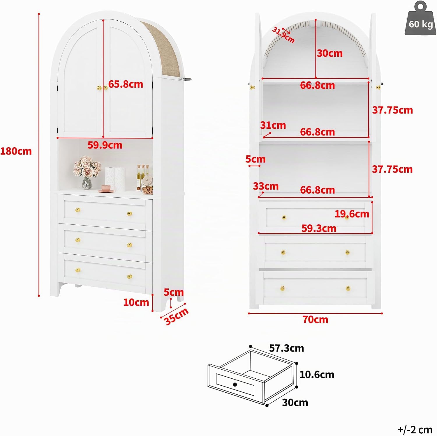Merax Hochschrank Aufbewahrungsschrank 180cm, Mehrzweckschrank mit 2 Türen, 3 Schubladen, Offener Lagerraum, Vitrinenschrank für Wohnzimmer Büro Küche, freistehende Hoher Bogen-Küchenschrank, Weiß — Ansicht 2