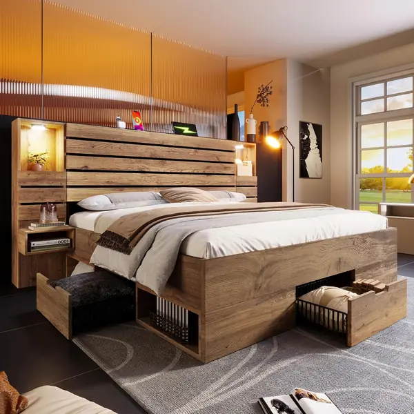 Holzbett 180x200cm mit LED-Leicht & Ladefunktion