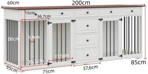 Merax Hundekäfig für 2 kleine bis mittelgroße Hunde, Hundebox für Zuhause im Möbeldesign mit 8 Schubladen und Verschlüssen, Hundehütte Indoor als TV-Schrank, 200 x 60 x 85 cm, Nussbaum/Weiß — Ansicht 2