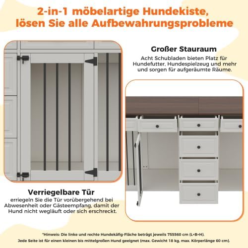 Merax Hundekäfig für 2 kleine bis mittelgroße Hunde, Hundebox für Zuhause im Möbeldesign mit 8 Schubladen und Verschlüssen, Hundehütte Indoor als TV-Schrank, 200 x 60 x 85 cm, Nussbaum/Weiß — Ansicht 3