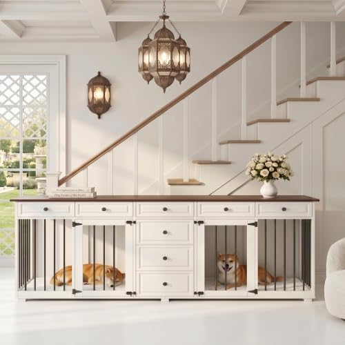 Merax Hundekäfig für 2 kleine bis mittelgroße Hunde, Hundebox für Zuhause im Möbeldesign mit 8 Schubladen und Verschlüssen, Hundehütte Indoor als TV-Schrank, 200 x 60 x 85 cm, Nussbaum/Weiß — Ansicht 5
