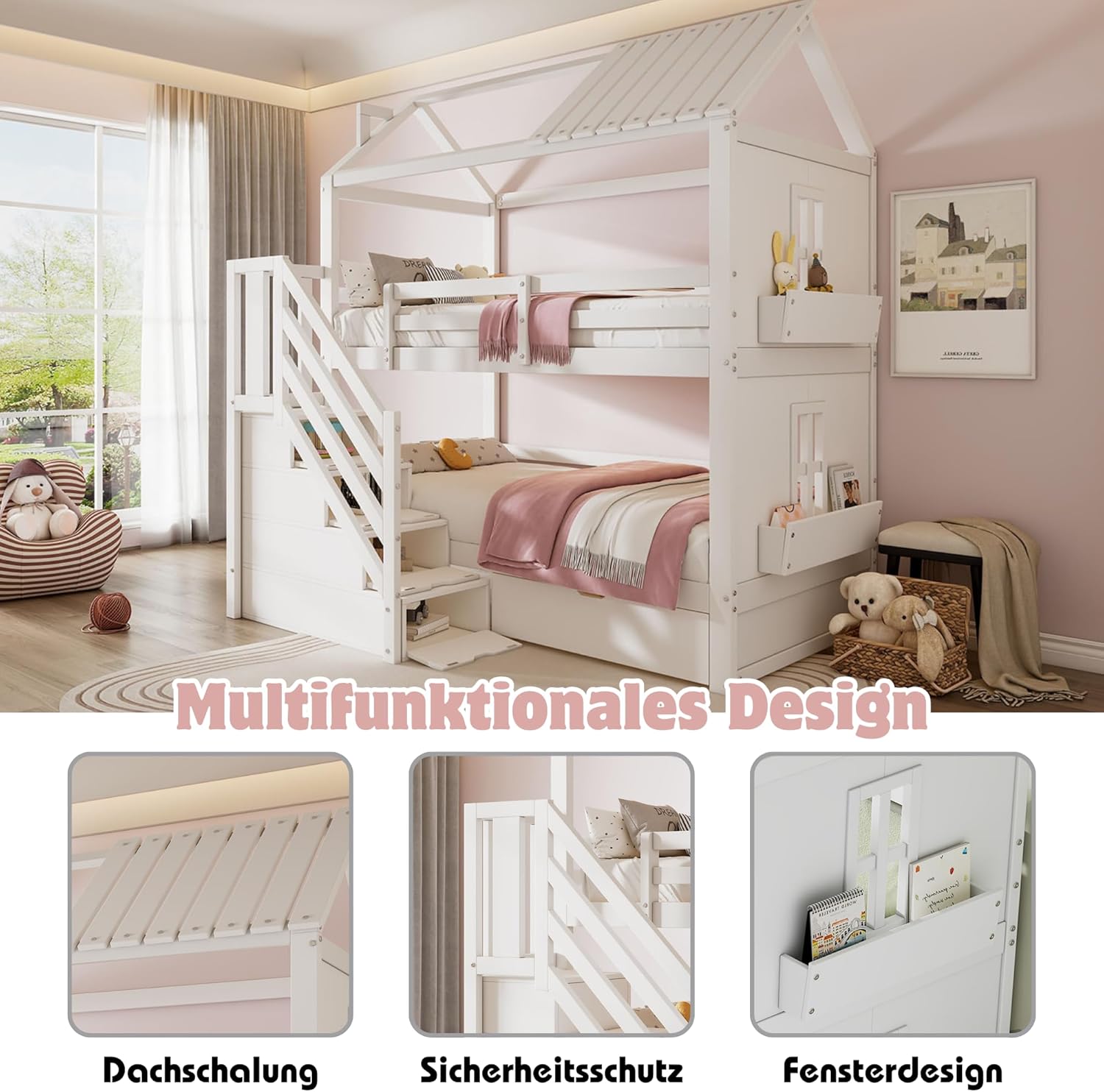Merax Kinder-Etagenbett 90x200 cm, multifunktionales Hochbett aus Kiefer & MDF mit Stauraumtreppe, Schubladen & Regalen, großer Stauraum, für Schlafzimmer, Weiß (ohne Matratze) — Ansicht 3