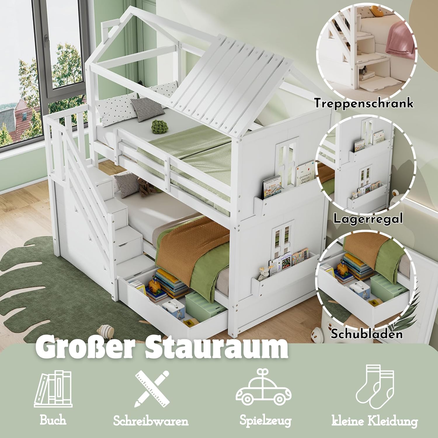 Merax Kinder-Etagenbett 90x200 cm, multifunktionales Hochbett aus Kiefer & MDF mit Stauraumtreppe, Schubladen & Regalen, großer Stauraum, für Schlafzimmer, Weiß (ohne Matratze) — Ansicht 4