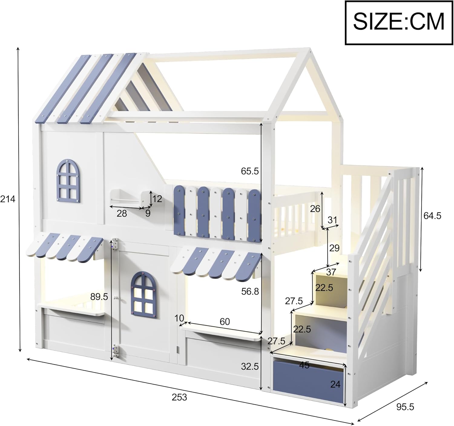 Merax Kinder-Hochbett 90x200 cm, Hausbett mit Dach, Fenstern, Tür, LED-Beleuchtung, Stauraumleiter, Regale, Holzrahmen, Etagenbett, Weiß-Blau (ohne Matratze) — Ansicht 2