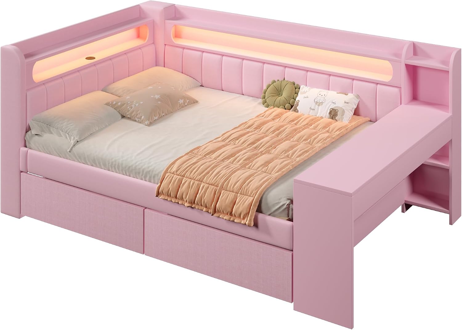 Merax Kinderbett 140x200 cm Tagesbett mit gepolstertem Kopfteil, LED-Ablagefach, Multifunktionsbett mit Schreibtisch, USB-Steckdose und 2 Schubladen, Holzbett mit Lattenrost (Ohne Matratze), Rosa — Ansicht 6