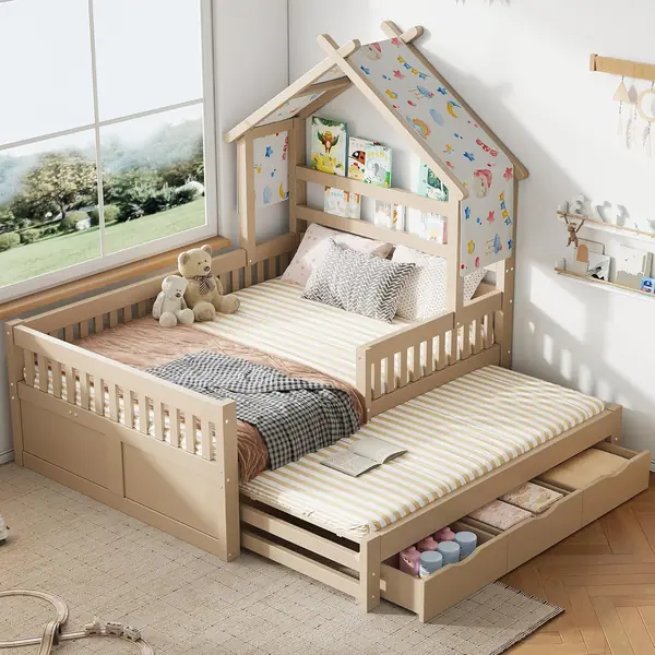 Kinderbett 140x200 Hausbett mit Ausziehbett und 3