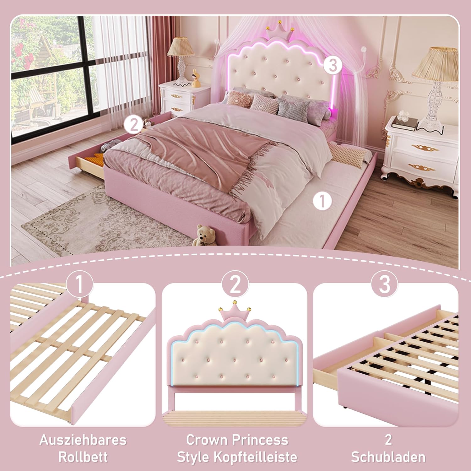 Merax Kinderbett 140x200, Polsterbett für Mädchen Kronen-Doppelbett mit LED-Streifen, Bettrahmen mit Lattenrost, Ausziehbett und 2 Schubladen (ohne Matratze), aus PU-Leder, Rosa — Ansicht 6