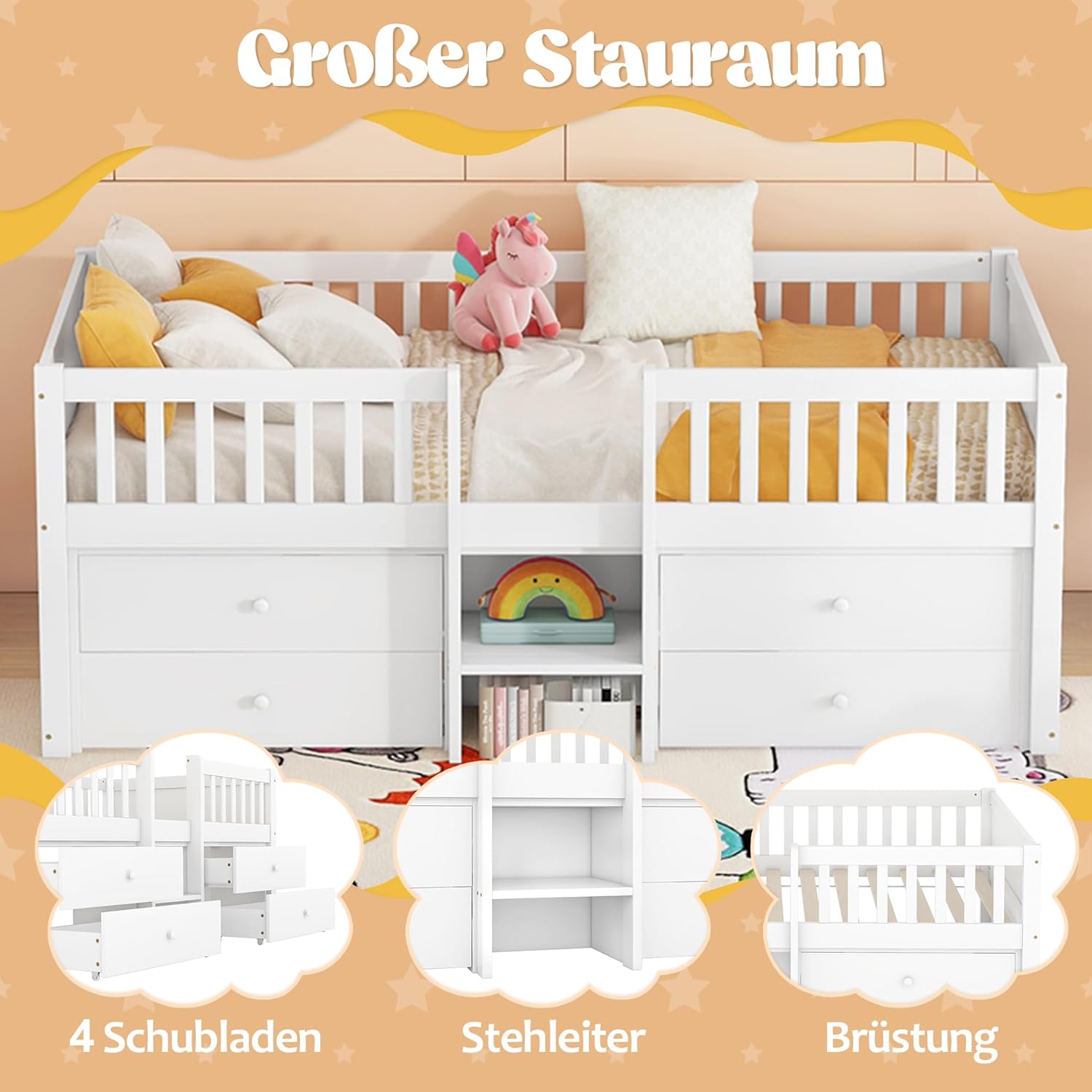 Merax Kinderbett 90x200 cm, Funktionsbett mit Stauraum, Holzbett mit Lattenrost & 4 Schubladen, Jugendbett mit Leiter und Rausfallschutz - Kiefer massivholz, ohne Matratze, weiß — Ansicht 4
