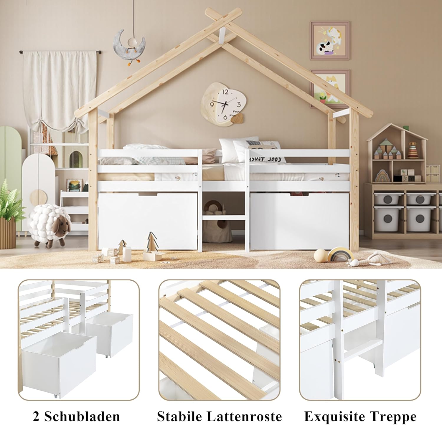 Merax Kinderbett 90x200cm, Hausbett mit 2 Schubladen & Kleine Leiter, Holzbett mit Rausfallschutz, Dach & Lattenrost, Stabiles Bettenhaus mit Vierseitiger Zaun, Halbhohes Bett für Mädchen/Jungen, Weiß — Ansicht 5