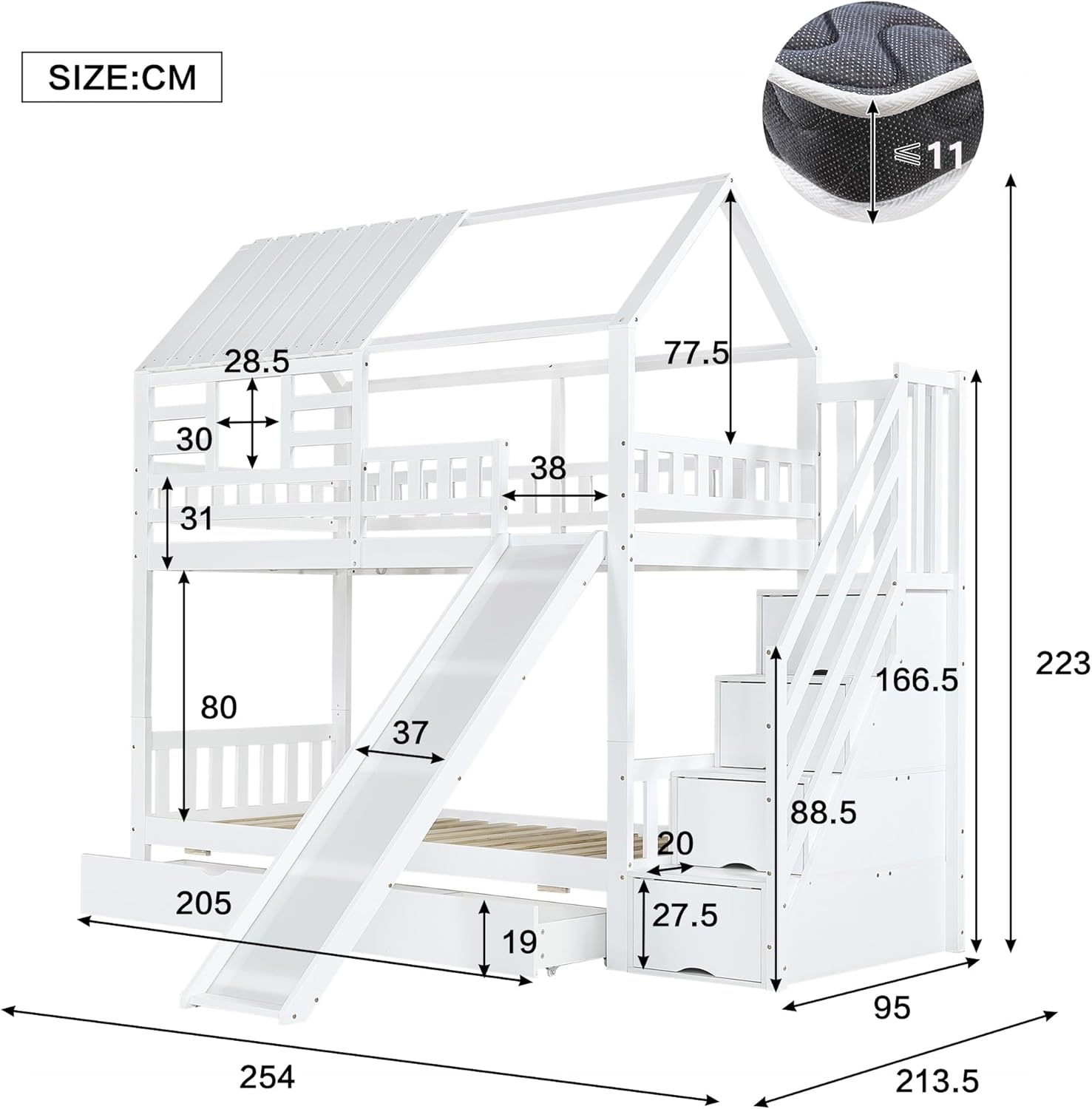 Merax Kinderbett Etagenbett 90x200cm, Hochbett für 2 Kinder, Stockbett mit Rutsche & Stauraumtreppe & Große Schubladen & Rausfallschutz & 2 Lattenrost, Hausbett mit Dach & Fenster, ohne Matratze, Weiß — Ansicht 2