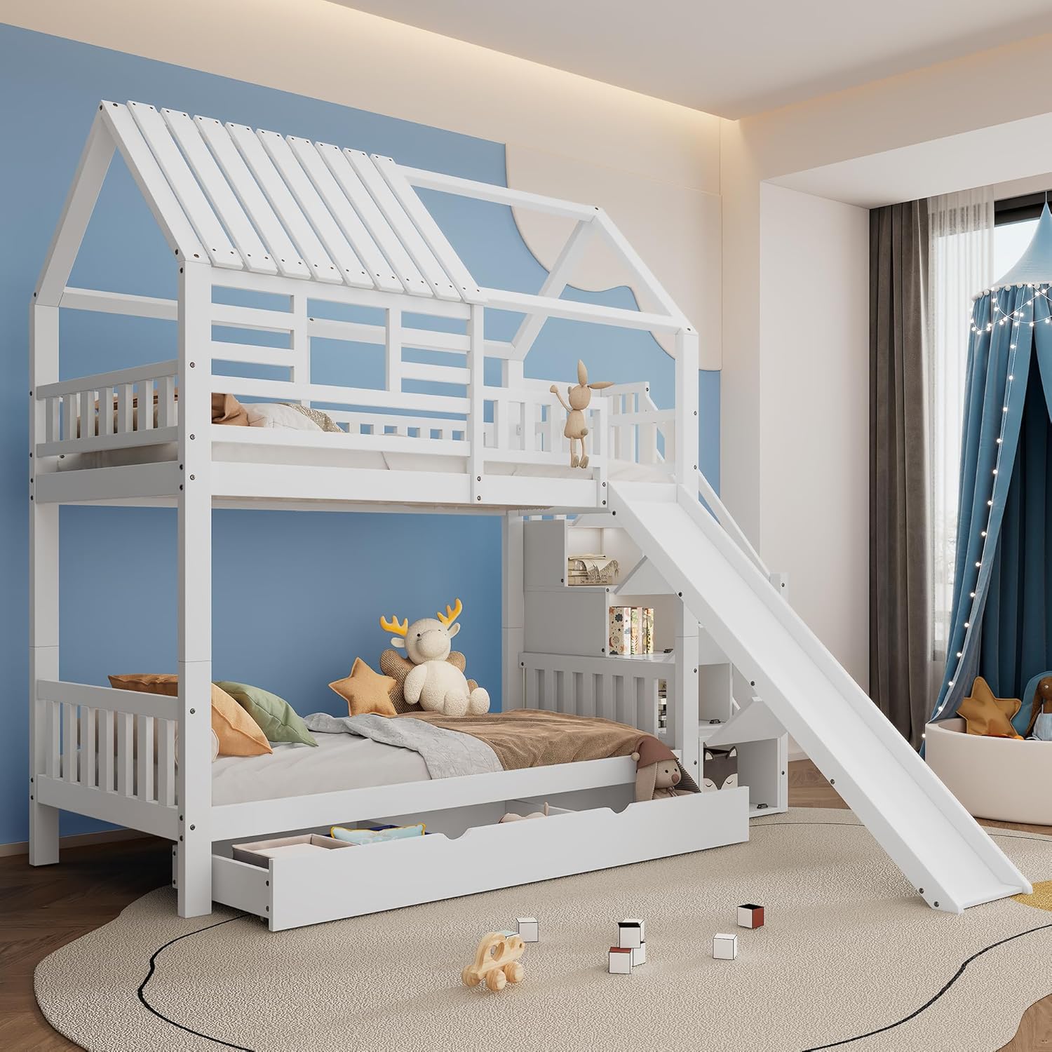 Merax Kinderbett Etagenbett 90x200cm, Hochbett für 2 Kinder, Stockbett mit Rutsche & Stauraumtreppe & Große Schubladen & Rausfallschutz & 2 Lattenrost, Hausbett mit Dach & Fenster, ohne Matratze, Weiß — Ansicht 4