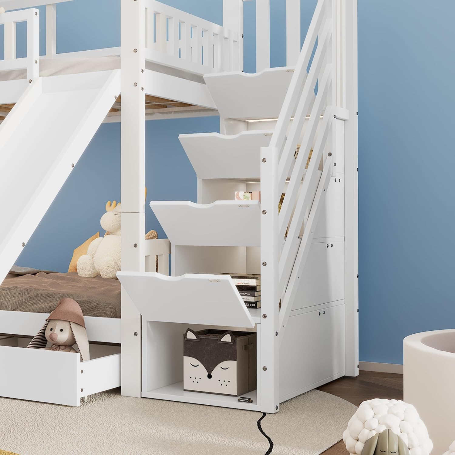 Merax Kinderbett Etagenbett 90x200cm, Hochbett für 2 Kinder, Stockbett mit Rutsche & Stauraumtreppe & Große Schubladen & Rausfallschutz & 2 Lattenrost, Hausbett mit Dach & Fenster, ohne Matratze, Weiß — Ansicht 6