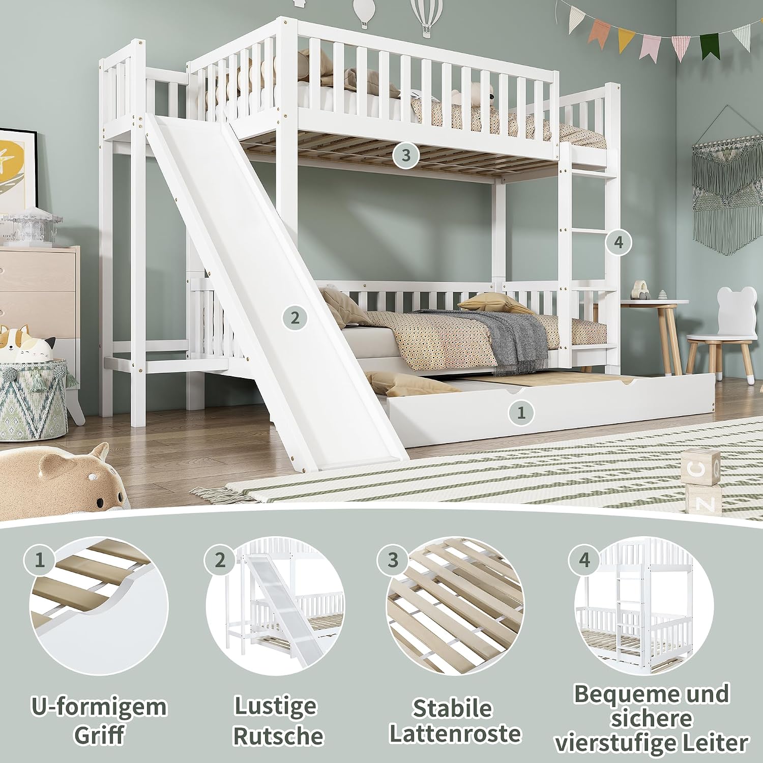 Merax Kinderbett Etagenbett mit Rutsche für 3 Kinder, Hochbett mit Rollbett und Lagerregal, Holzbett Stockbett Bettgestell mit Rausfallschutz und 3 Lattenrost, Familienbett, Weiß, 90x200/190 cm — Ansicht 4