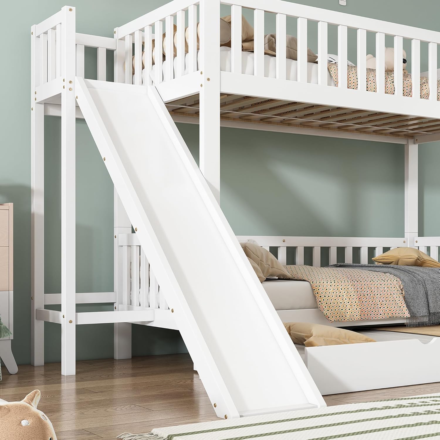 Merax Kinderbett Etagenbett mit Rutsche für 3 Kinder, Hochbett mit Rollbett und Lagerregal, Holzbett Stockbett Bettgestell mit Rausfallschutz und 3 Lattenrost, Familienbett, Weiß, 90x200/190 cm — Ansicht 5