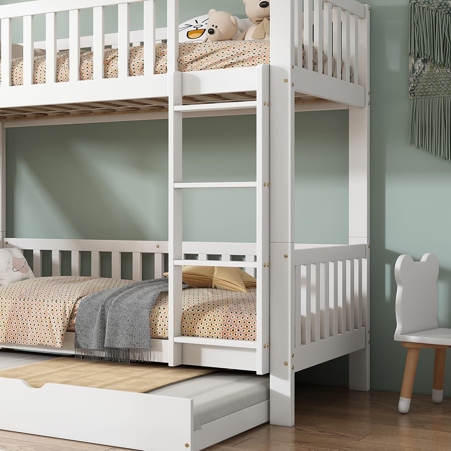 Merax Kinderbett Etagenbett mit Rutsche für 3 Kinder, Hochbett mit Rollbett und Lagerregal, Holzbett Stockbett Bettgestell mit Rausfallschutz und 3 Lattenrost, Familienbett, Weiß, 90x200/190 cm — Ansicht 6