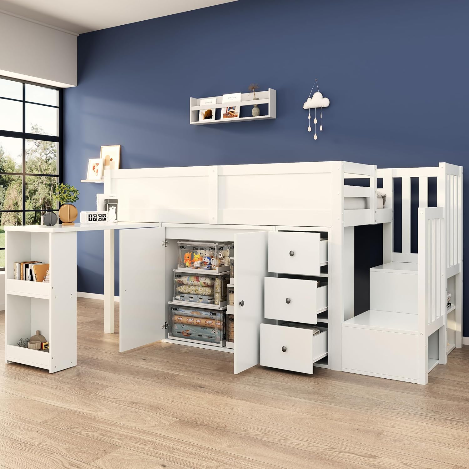 Merax Kinderbett Halbhochbett 90x200 cm,mit ausziehbarem Schreibtisch für Kinder&Schrank&Schubladen,Hochbett mit Treppe Staufach Stauraum,Lattenrost,Rausfallschutz,Ohne Matratze,Weiß/250x95x111cm