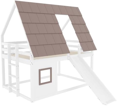 Merax Kinderbett Hochbett 140x200 cm – Hausbett mit Dach, Leiter und Rutsche, Etagenbett aus massivem Holz, Weiß+Braun – Spiel- & Schlafbereich für Kinder — Ansicht 6